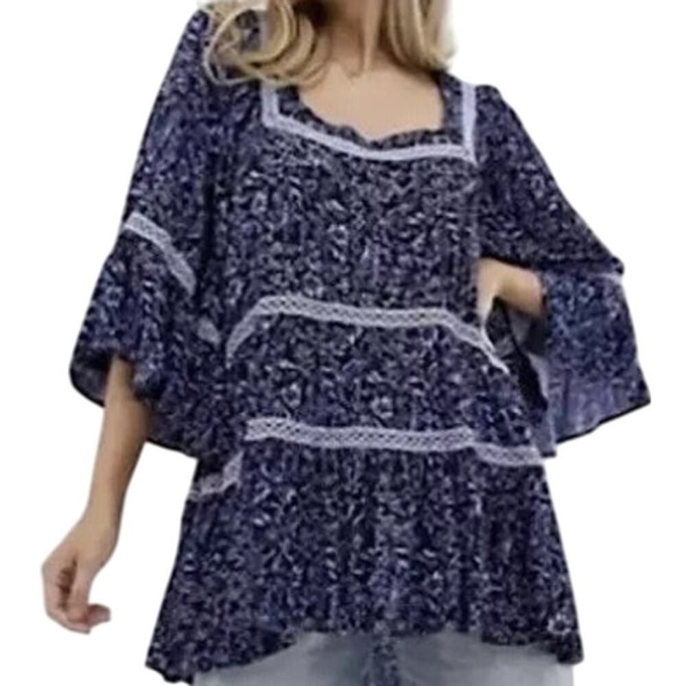 Free People Talk About It Tunic Top Embroidered Floral Flowy Boho Navy Blue M
